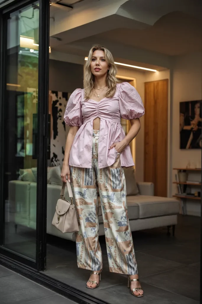 London Inspired Puff Top Print Pants Spring Outfit