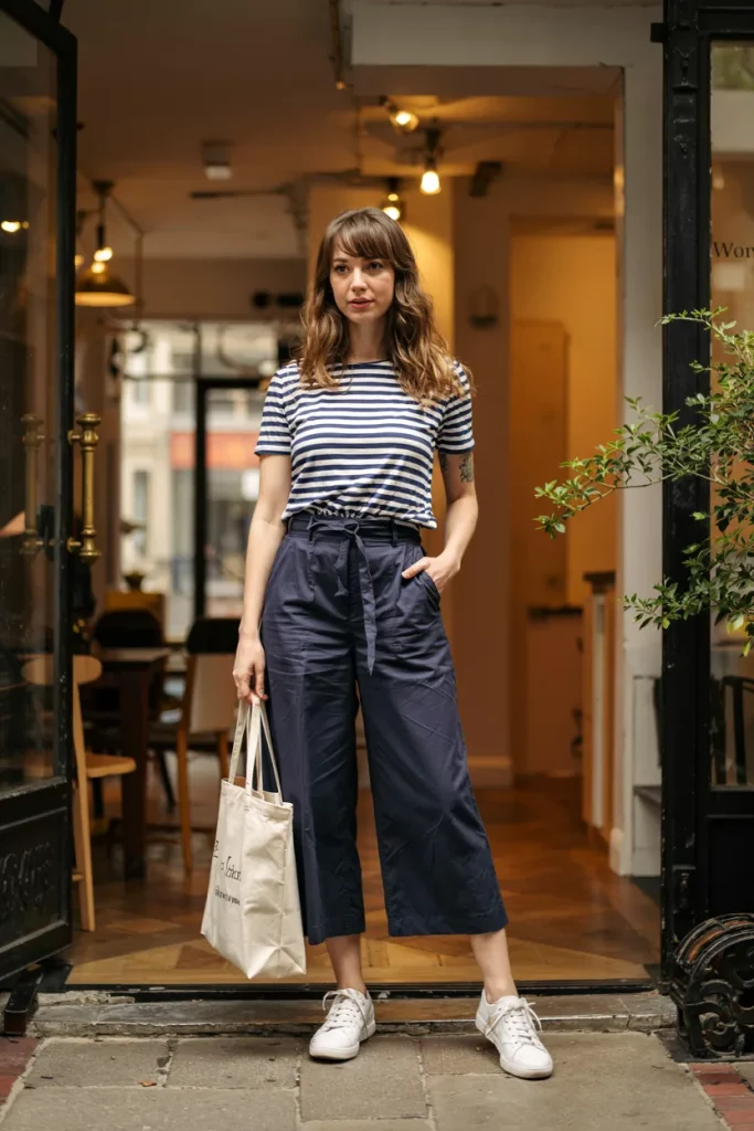 London Inspired Striped Tee Culottes Spring Outfit