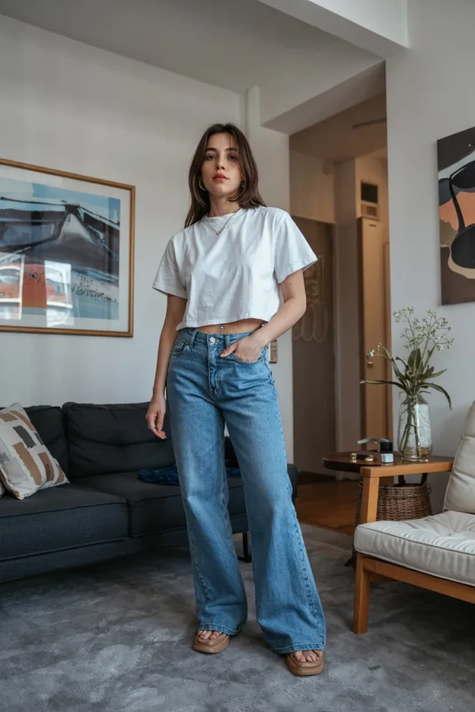 Low-Rise Flare Jeans with a Cropped Baby Tee