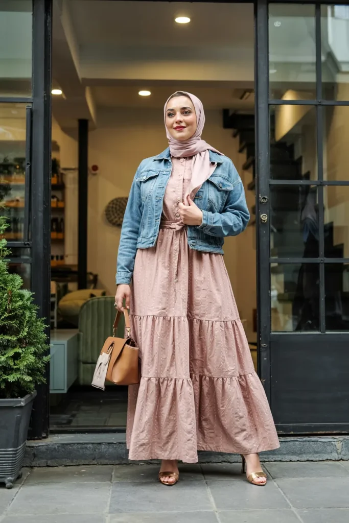 Maxi Dress Paired with Denim Jacket and Hijab Spring Outfit