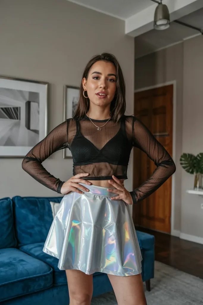 Mesh Long Sleeve Top and Holographic Mini Skirt
