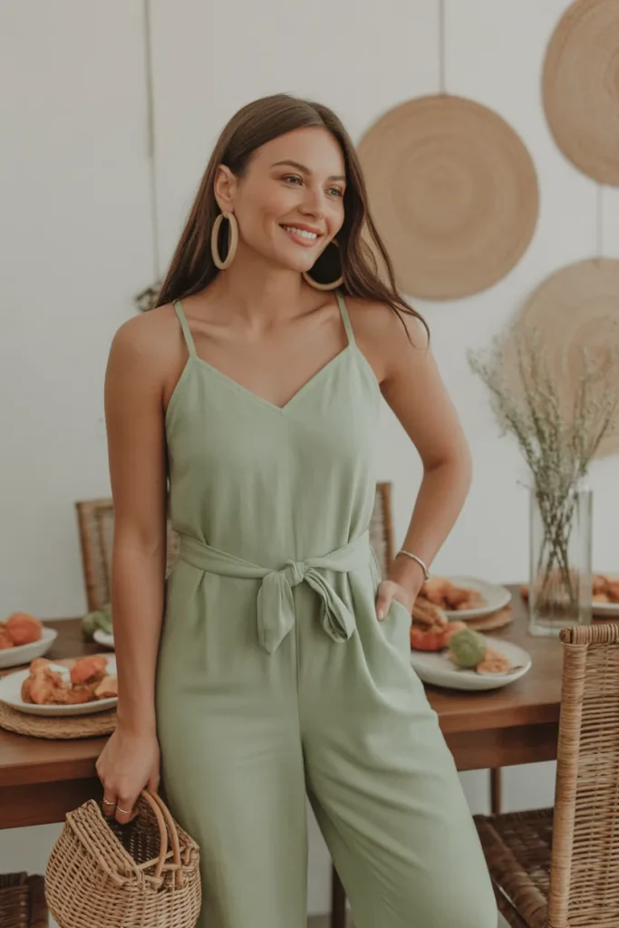 Mint Green Linen Jumpsuit and Woven Accessories Fresh Spring Birthday Brunch Outfit