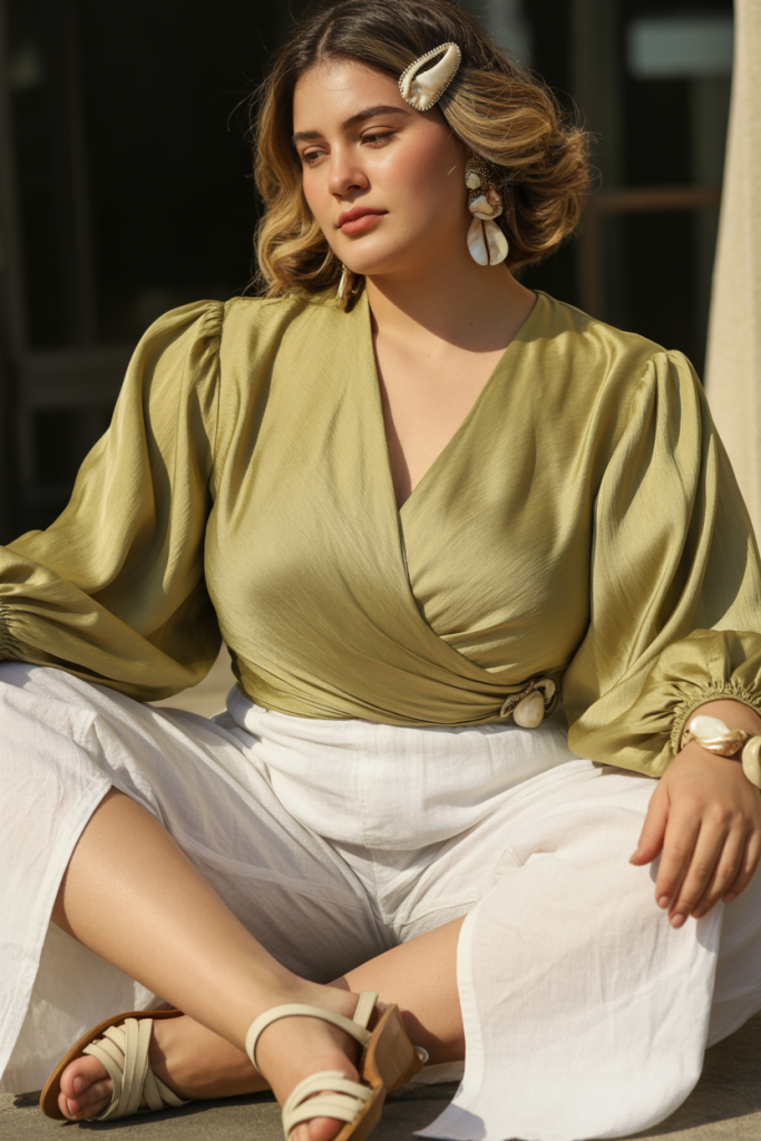 Modern Mediterranean Olive Green Silk Wrap Blouse Paired With White Linen Pants