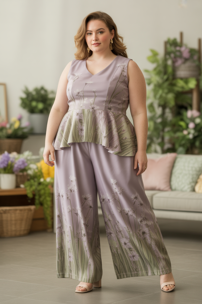 Muted Lavender And Sage Wildflower Pattern Palazzo Pants and Peplum Top Set
