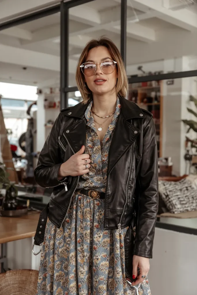 NYC Rocker Chic Leather Moto Jacket and Floral Dress Spring Outfit