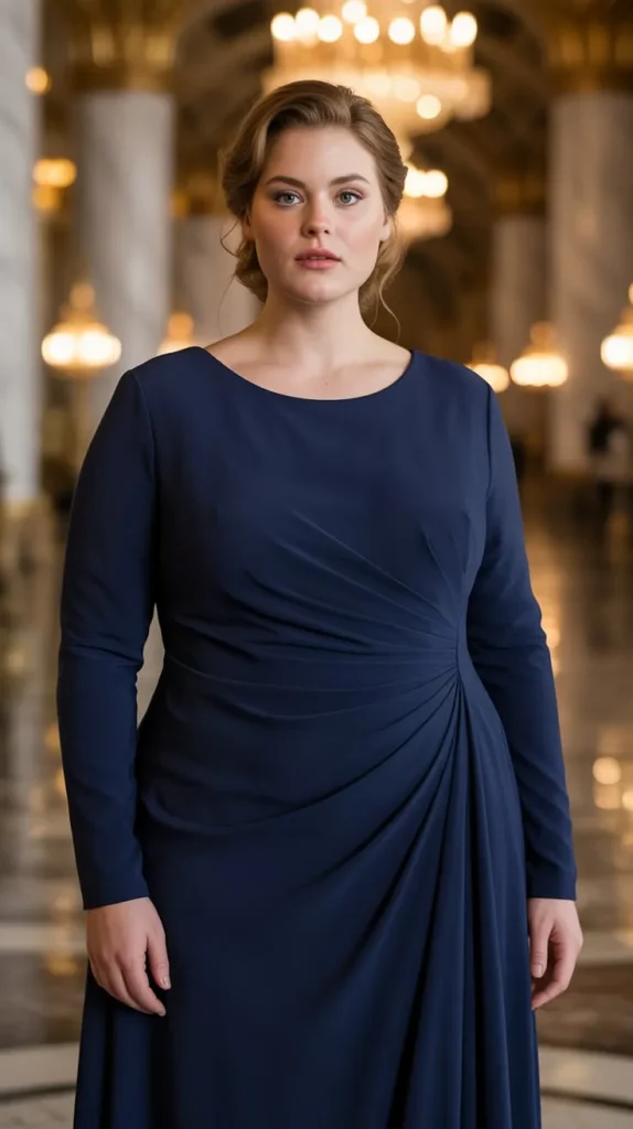 Navy Blue Long Sleeve Evening Gown