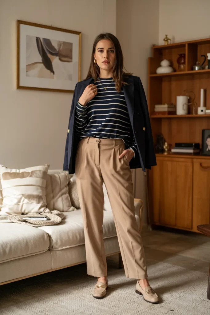 Navy and White Striped Sweater Tucked Into Tailored Beige Trousers