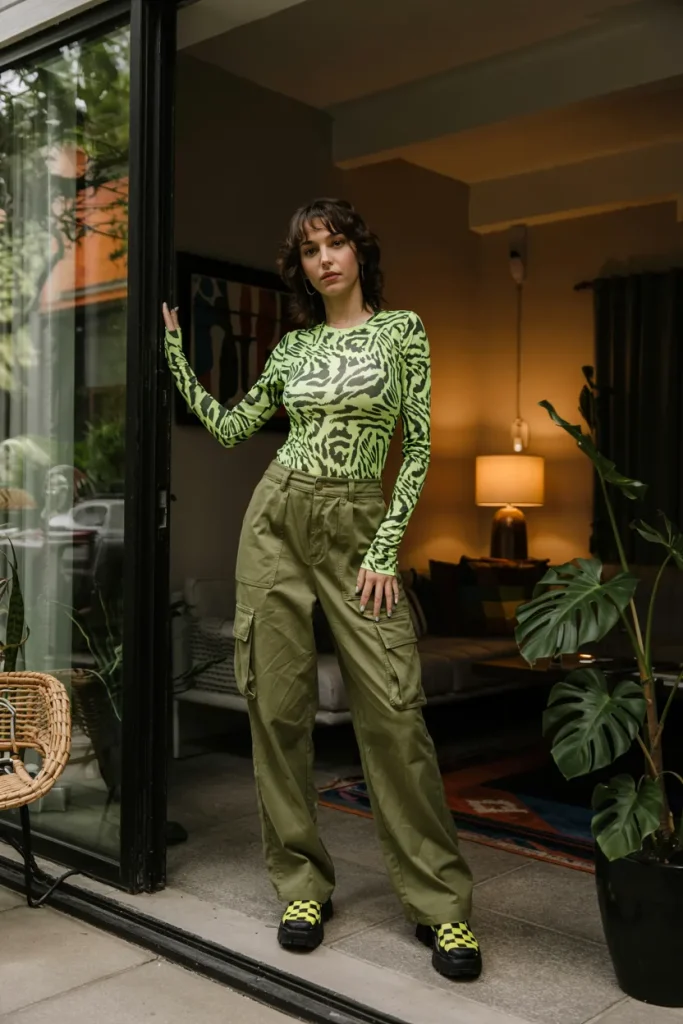 Neon Animal Print Bodysuit and Cargo Pants