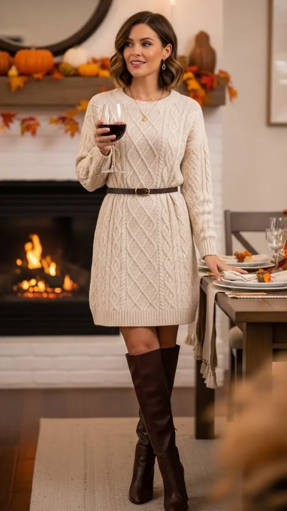 Neutral Sweater Dress with Tall Boots