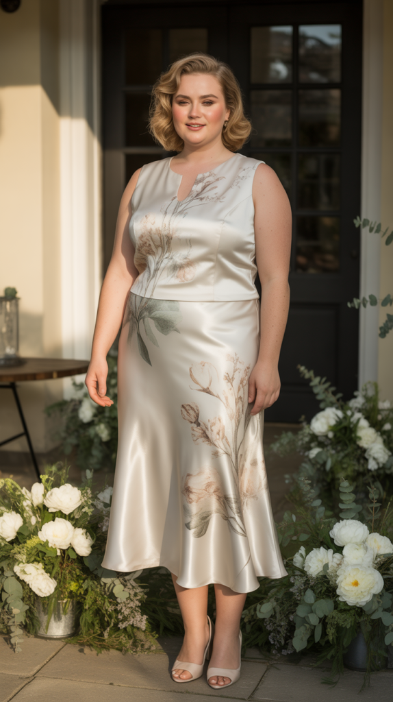 Off White Floral Satin Two Piece Dress Set