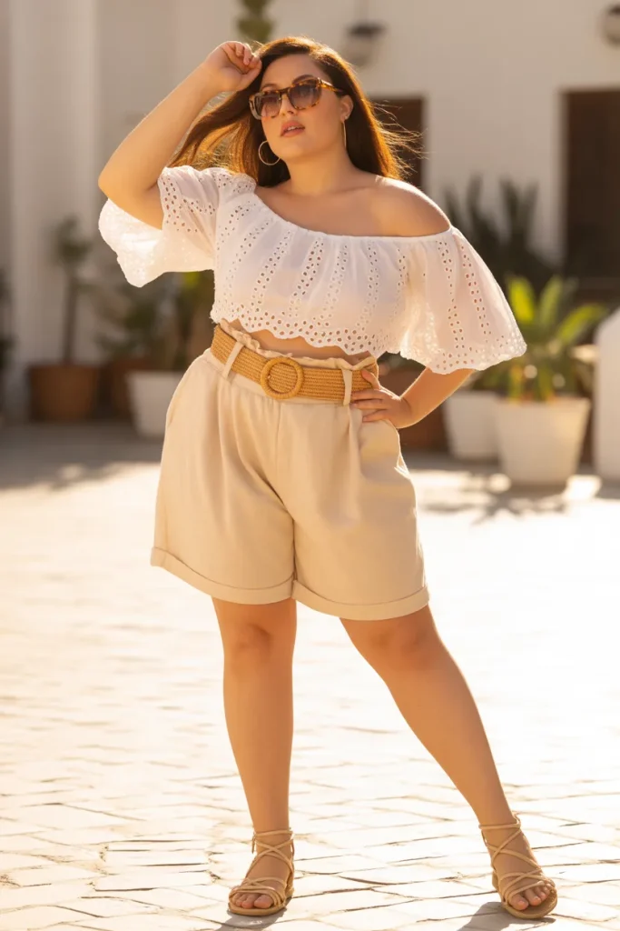 Off the Shoulder Eyelet Crop Top Paper Bag Shorts Casual Outfit
