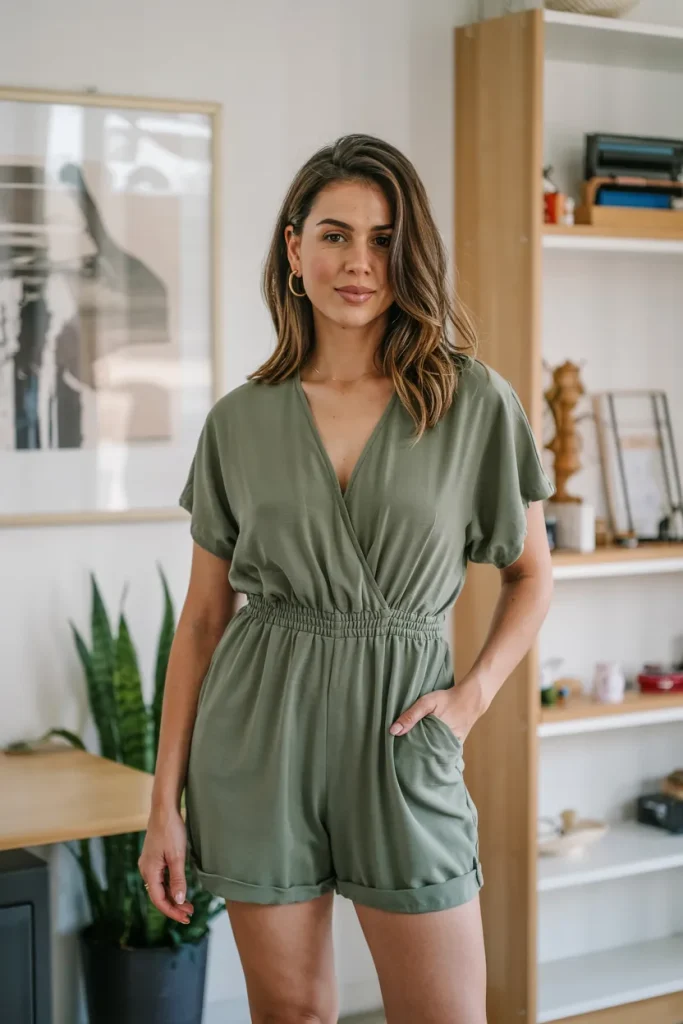 Olive Green V Neck Ruched Waist Short Jumpsuit