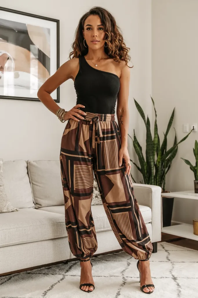 One Shoulder Bodysuit and Geo Print Harem Pants