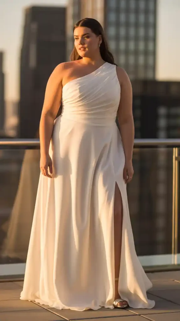 One Shoulder Draped Bodice with Side Slit Wedding Dress
