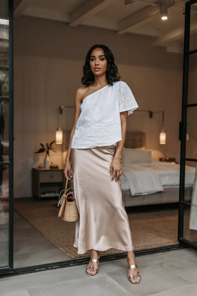 One Shoulder Eyelet Top and Silk Skirt