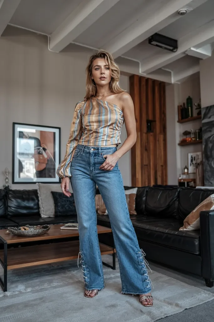 One Shoulder Printed Top and Lace Up Flared Jeans