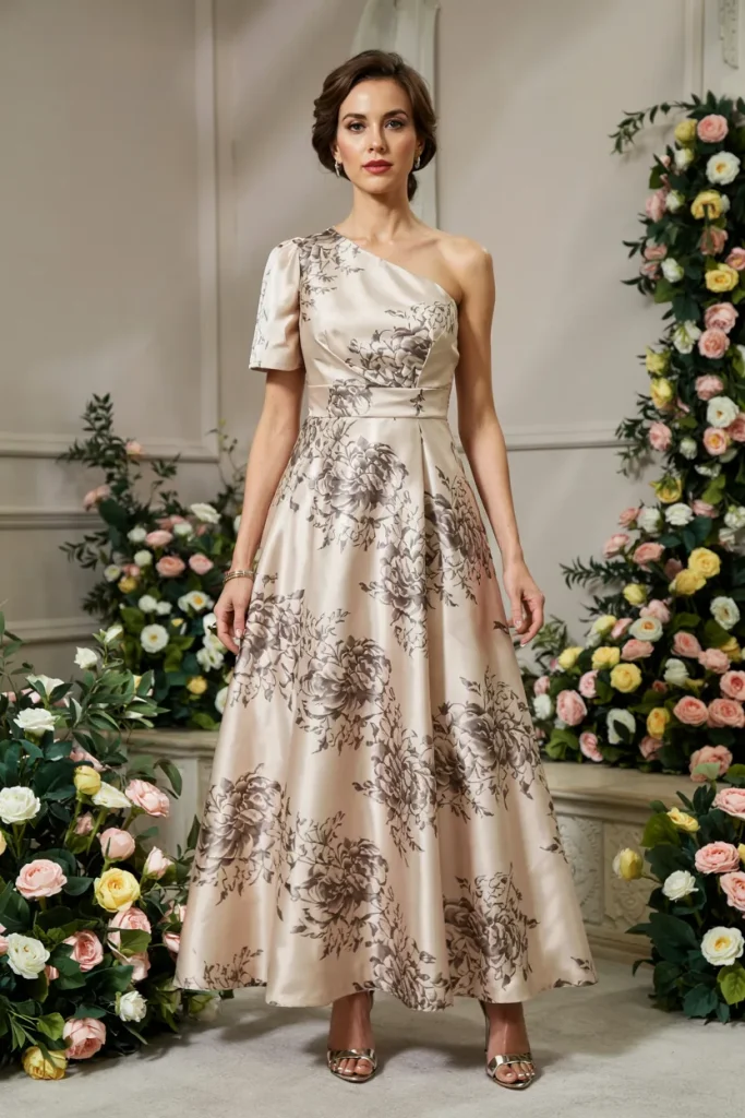 One Shoulder Short Sleeves Printed Floral Mother of the Bride Dress