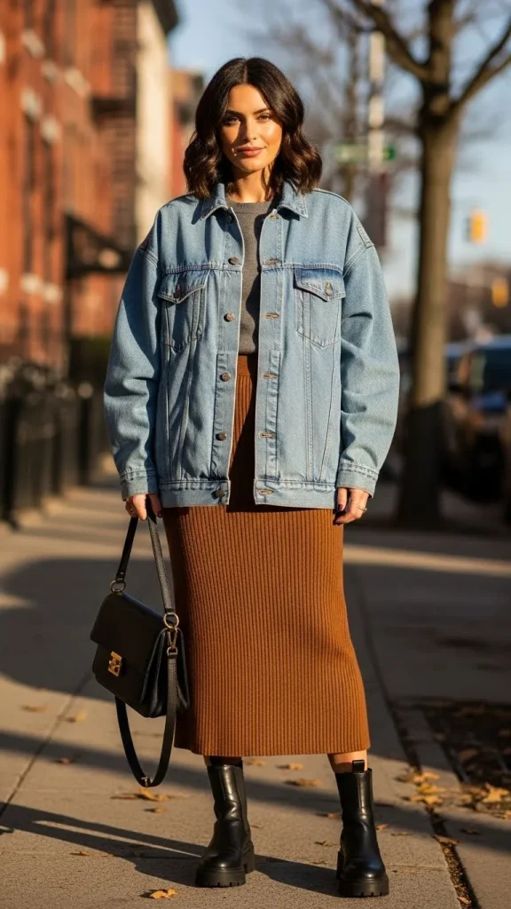 Oversized Blue Denim Jacket with Knit Midi Skirt