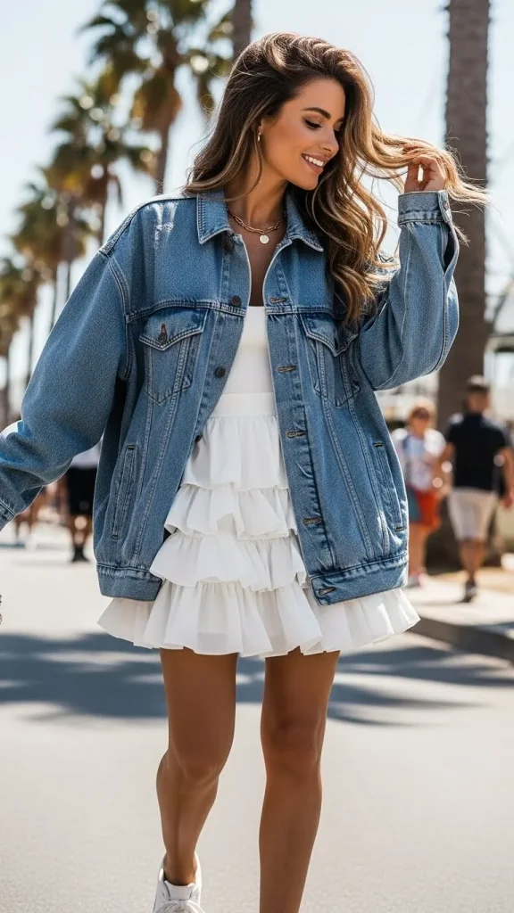 Oversized Blue Denim Jacket with Ruffled Mini Skirt