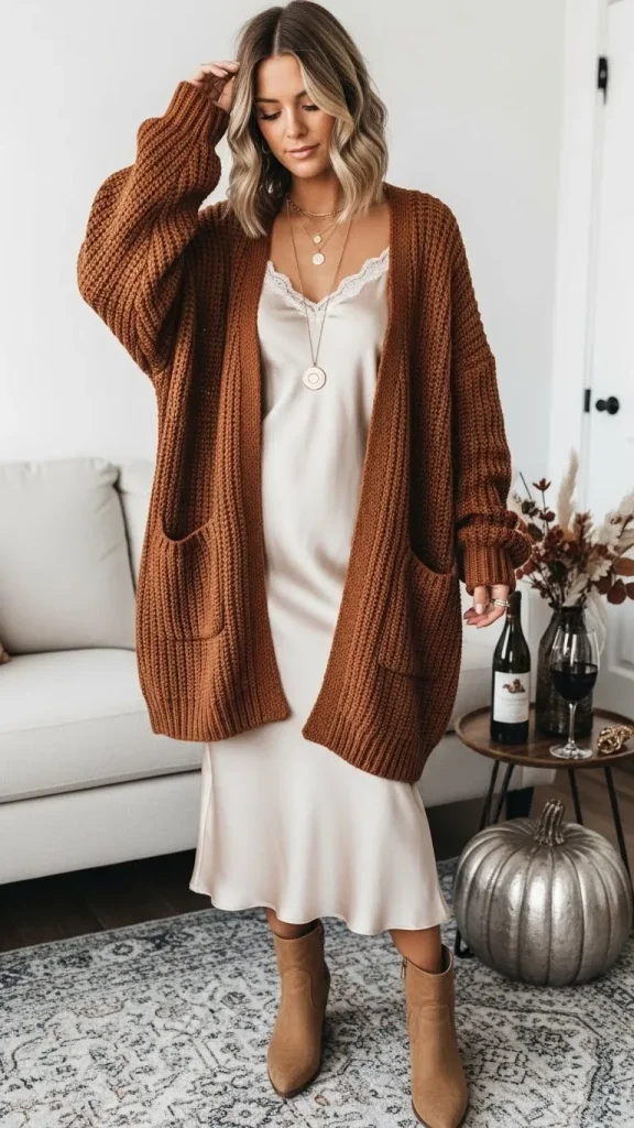 Oversized Cardigan with Satin Slip Dress