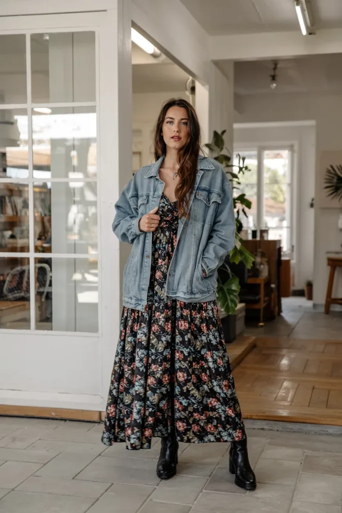 Oversized Denim Jacket and Floral Maxi Dress