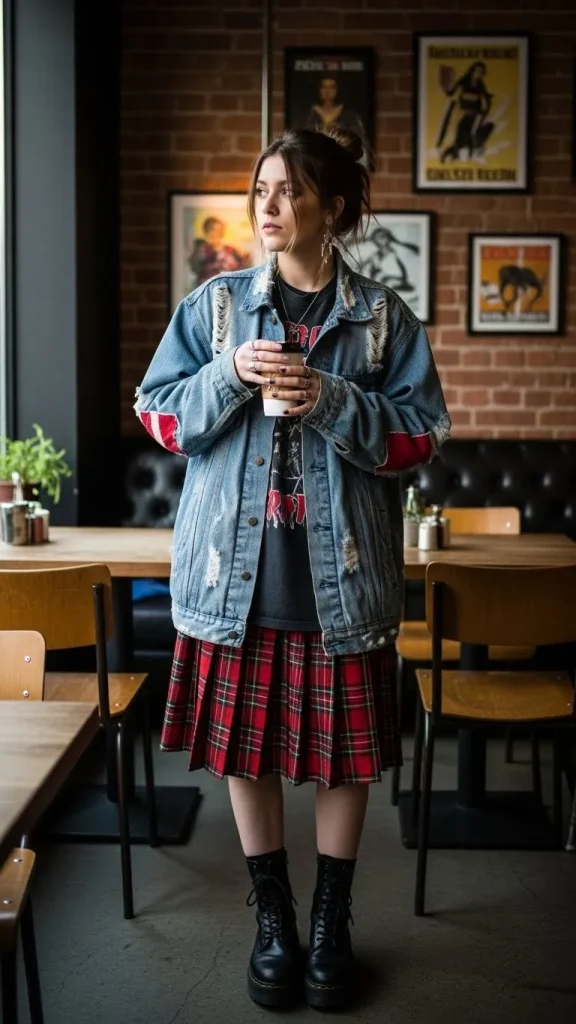 Oversized Distressed Denim Jacket with Plaid Skirt