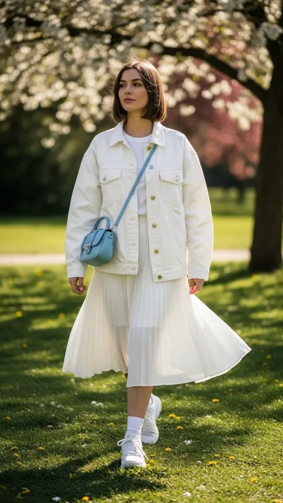 Oversized White Denim Jacket with Pleated Tennis Skirt