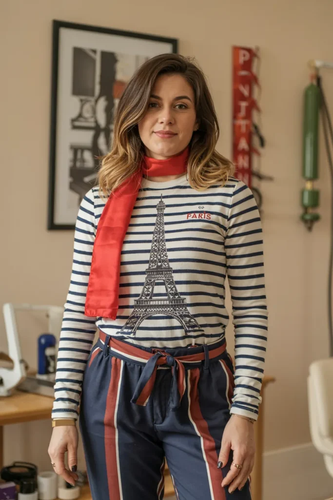Paris Eiffel Tower Breton Stripes and Red Scarf