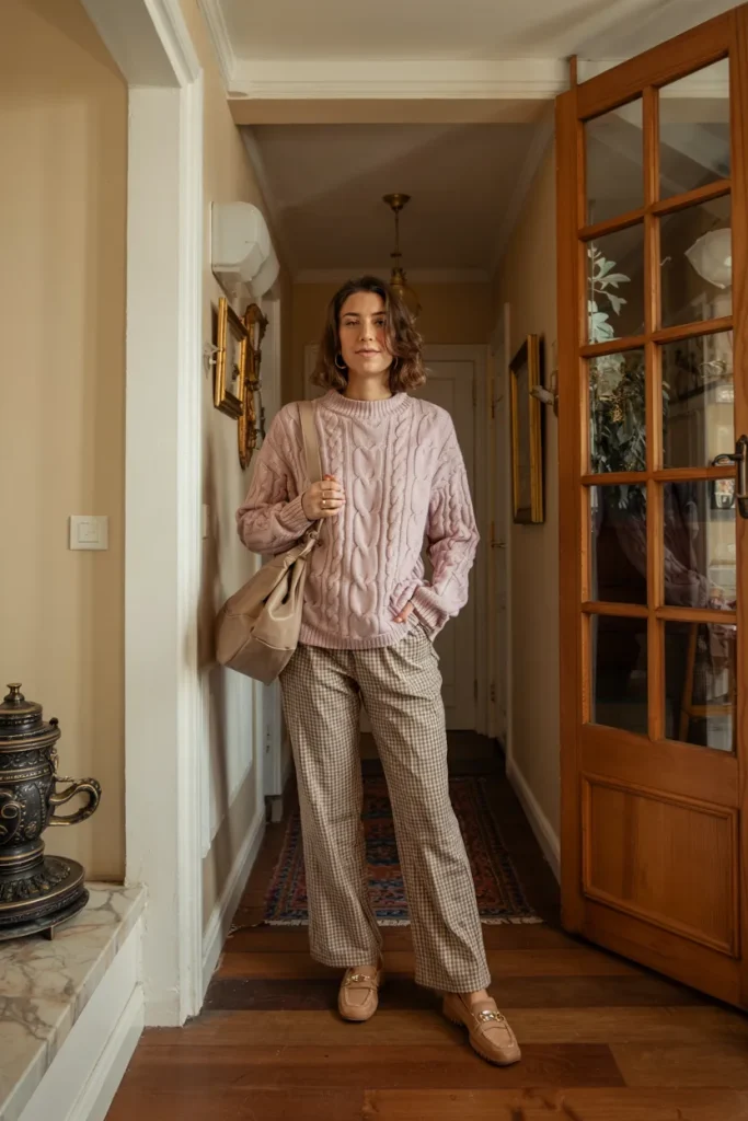 Pastel Cable Knit Sweater and Gingham Trousers
