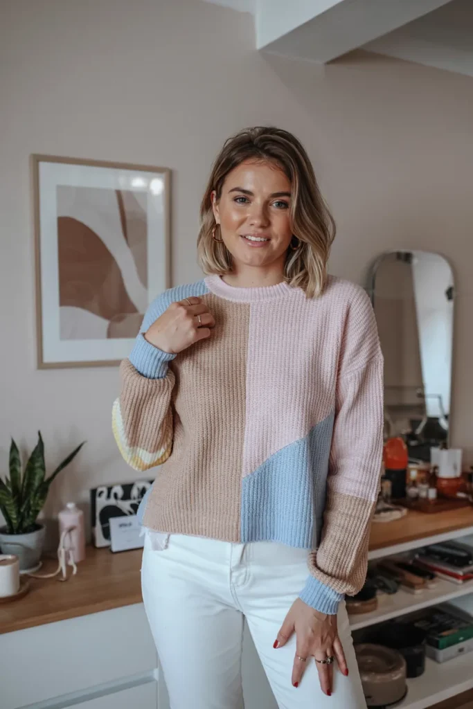 Pastel Color Block Sweater and White Ankle Jeans