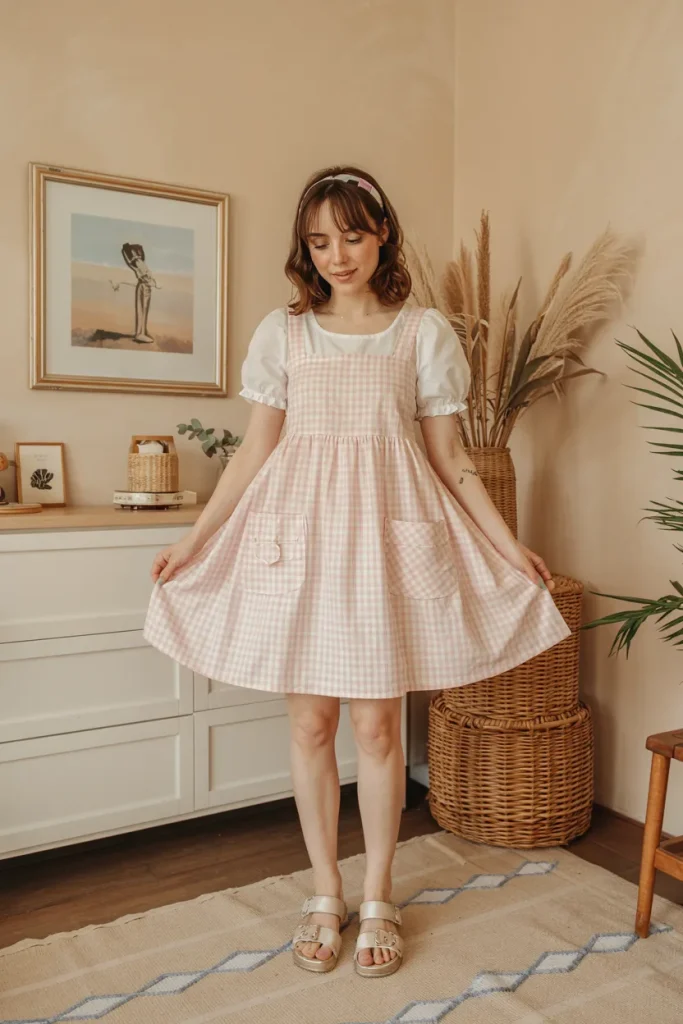 Pastel Gingham Baby Doll Dress and Jelly Sandals