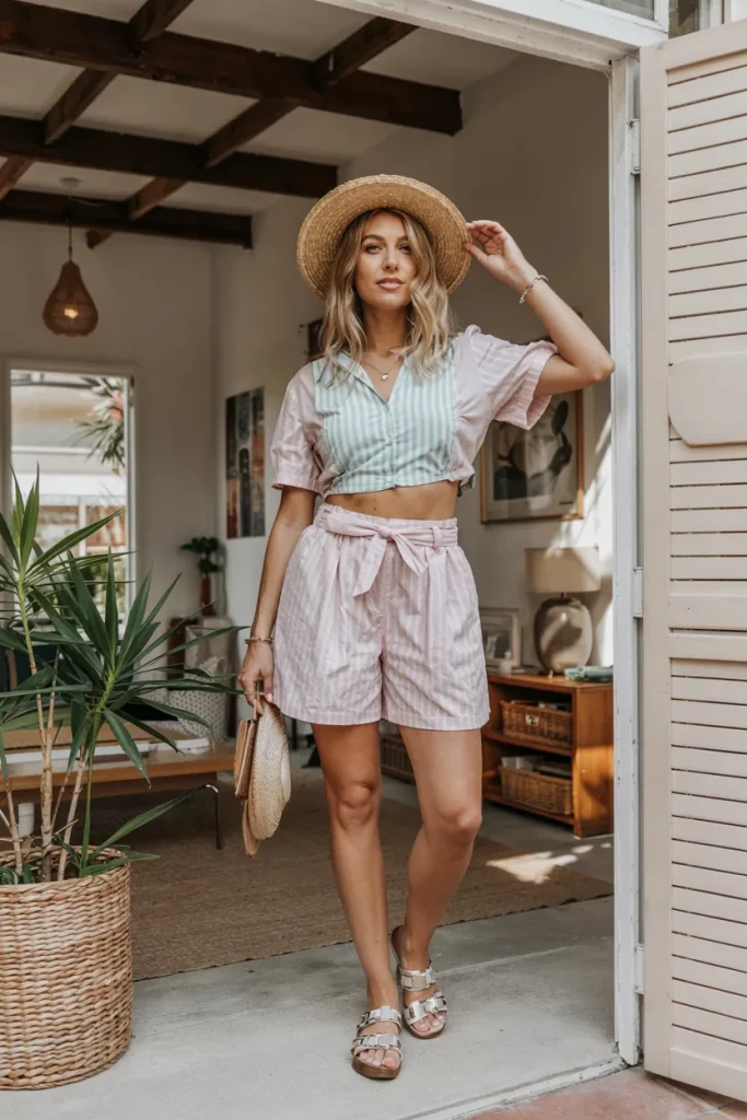 Pastel Gingham Crop Top and Paperbag Shorts