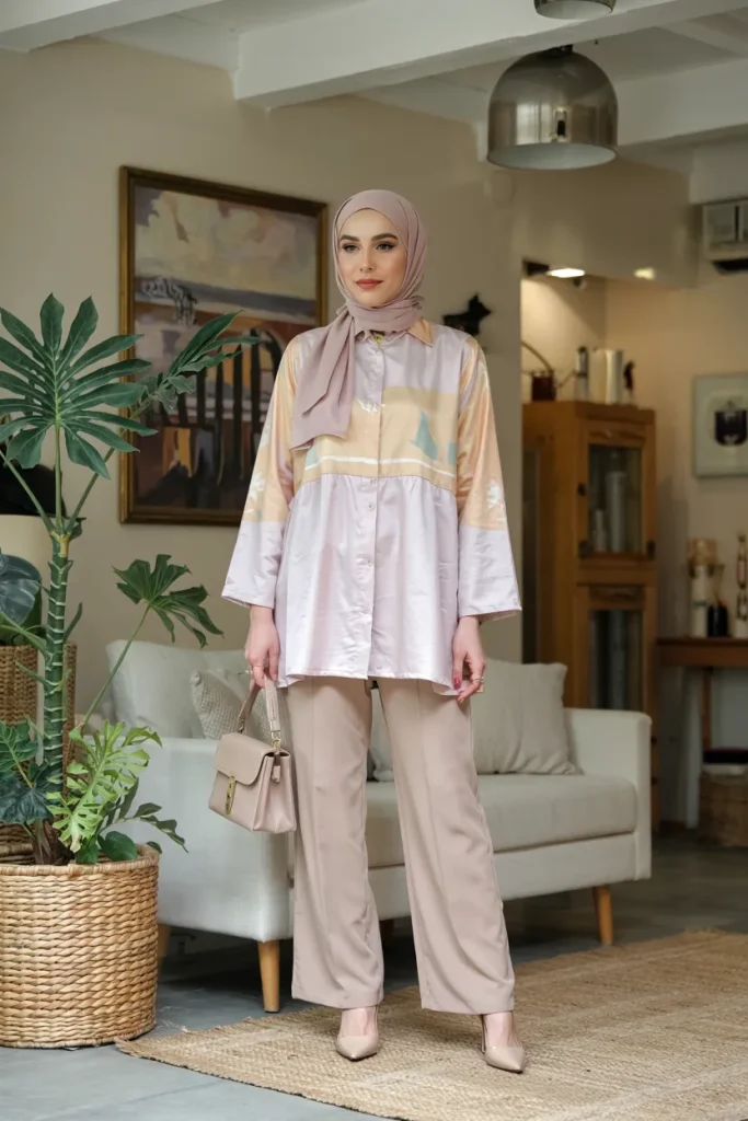 Pastel Tops with Neutral Trousers and Hijab Spring Outfit