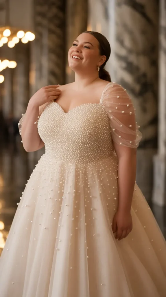 Pearl Studded Illusion Sleeve Wedding Gown