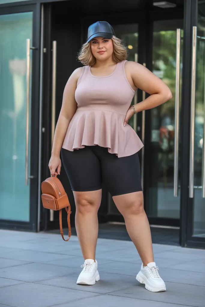 Peplum Hem Tank Biker Shorts Street Style Outfit