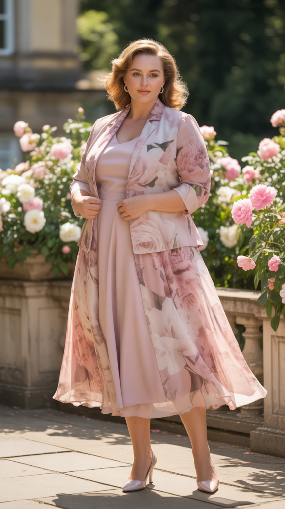 Pink Floral Print Chiffon Two Pieces Tea Length Dress With Jacket