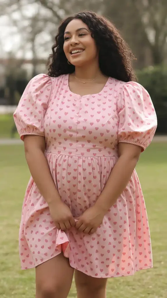 Pink Puff Sleeve Dress With Heart Prints