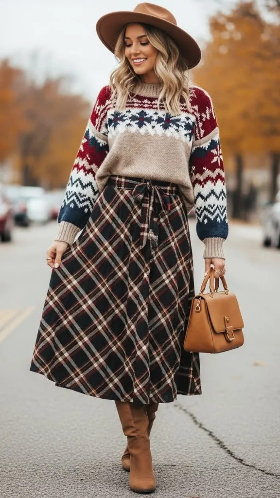 Plaid Midi Skirt with Sweater
