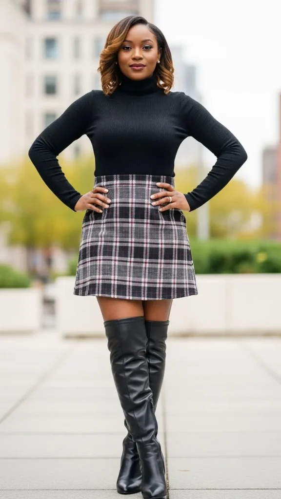 Plaid Mini Skirt With Black Turtleneck Boots