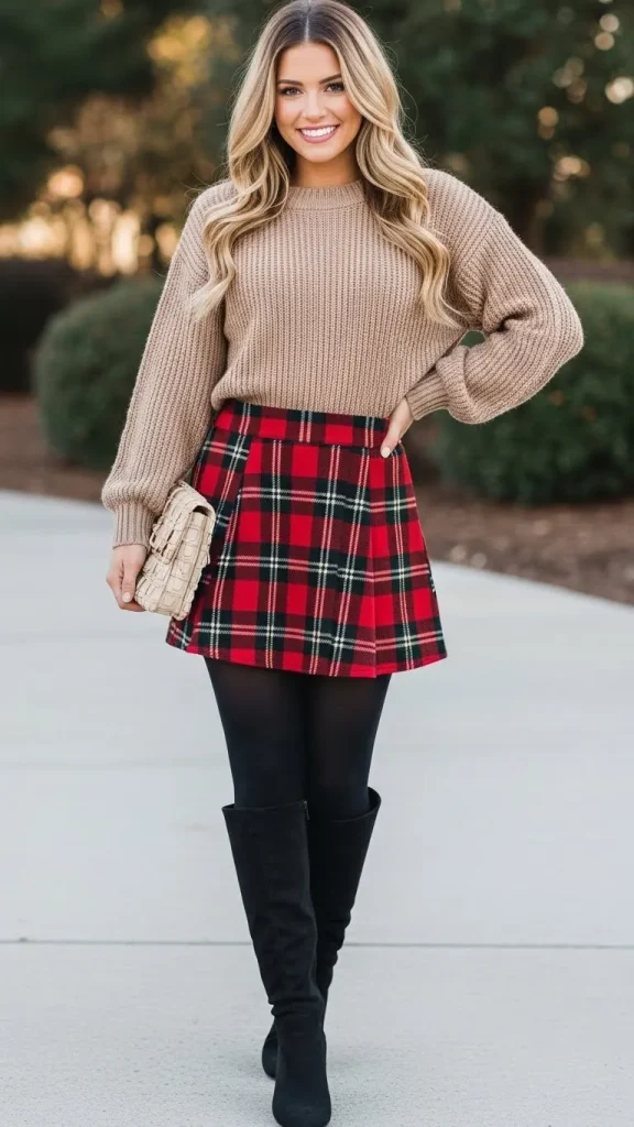 Plaid Mini Skirt with Cozy Knit Top