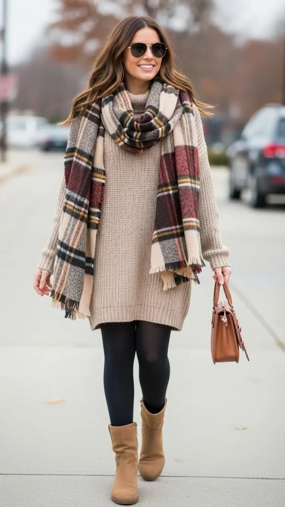 Plaid Oversized Scarf with Sweater Dress