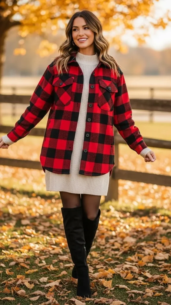 Plaid Shacket with Knit Dress