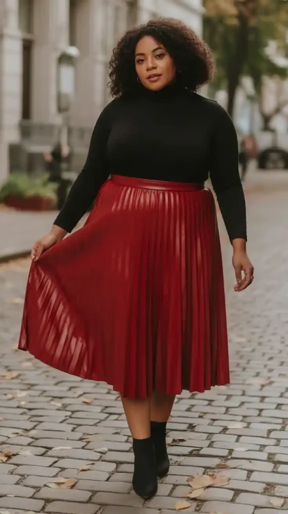 Pleated Red Midi Skirt and Black Turtleneck