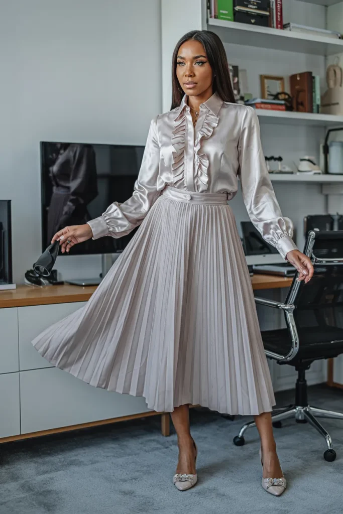 Pleated Skirt and Ruffled Blouse