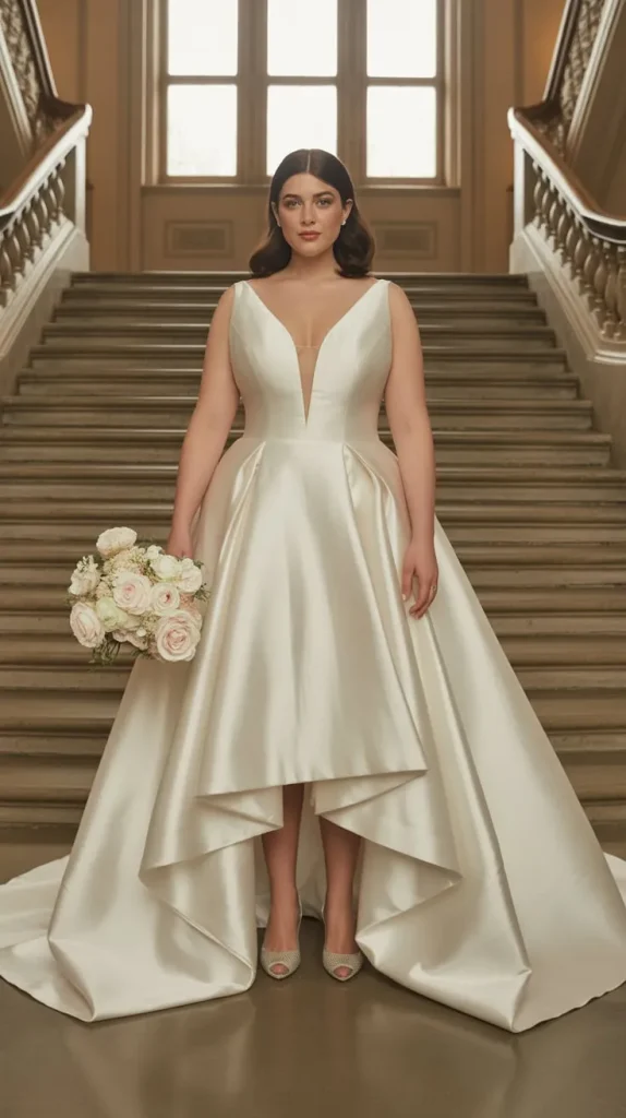 Plunging V Neck High Low Mikado Wedding Gown