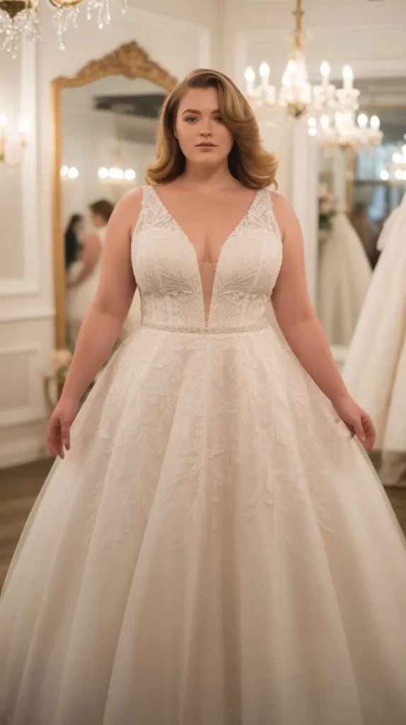 Plunging V Neck Lace Bodice Wedding Gown