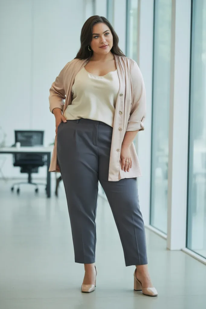Plus Size Ankle Pants with Silk Tank and Cardigan Outfit