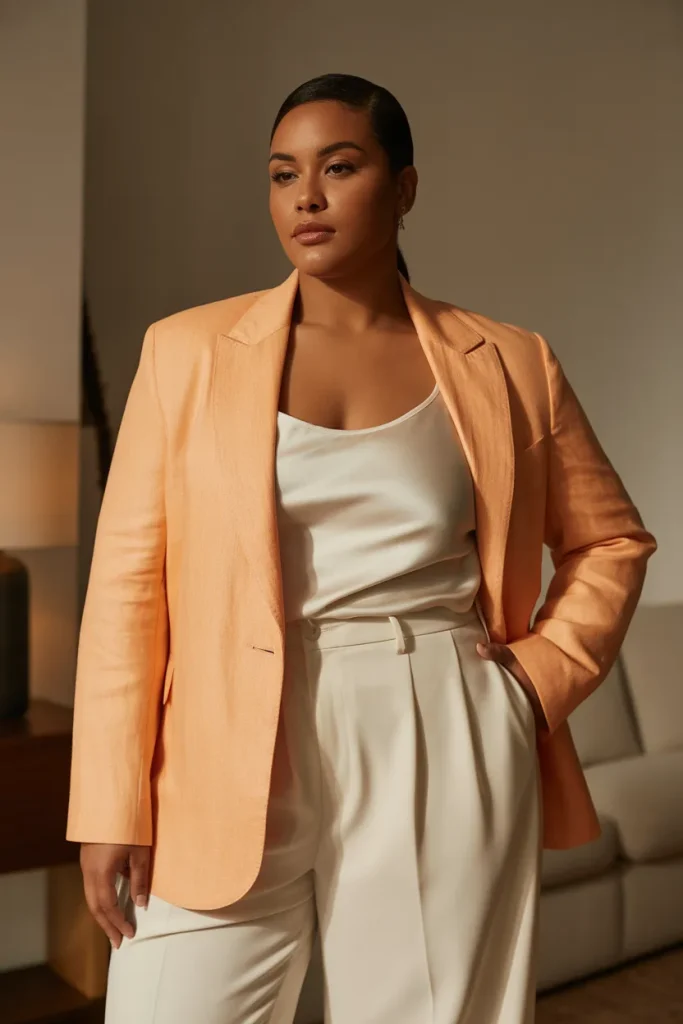 Plus Size Apricot Linen Blazer with Cream Trousers and Silk Tank Outfit