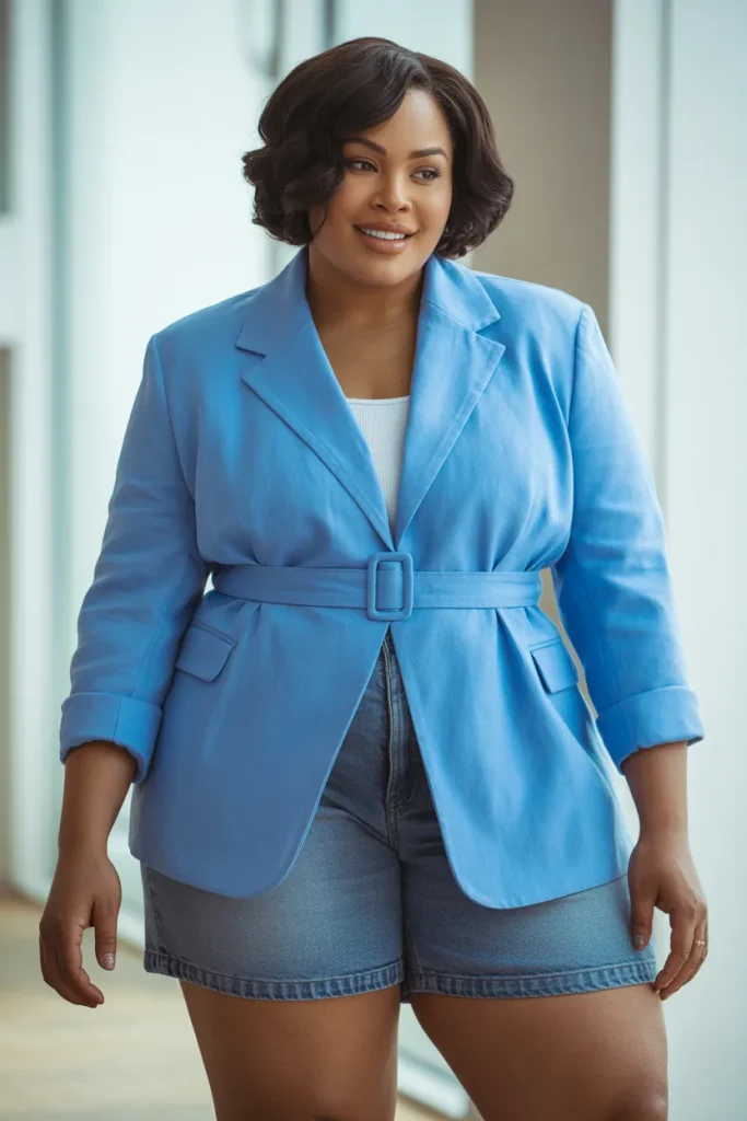 Plus Size Belted Linen Blazer With Denim Shorts Outfit