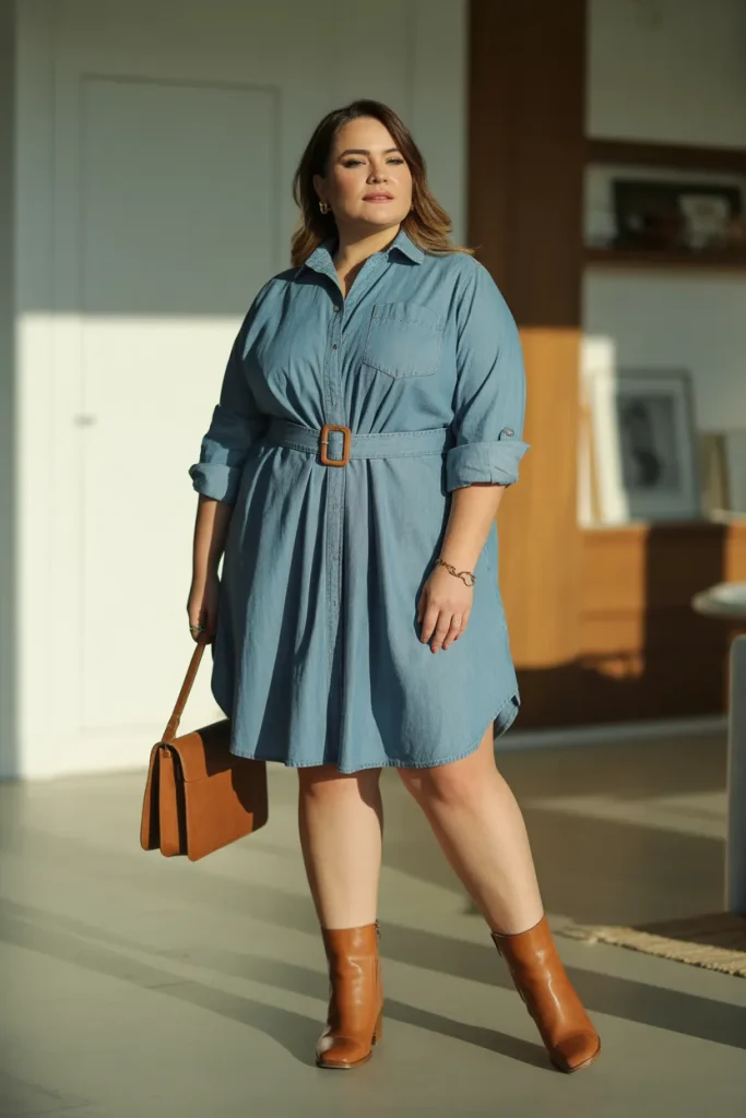 Plus Size Belted Shirt Dress in Chambray Outfit